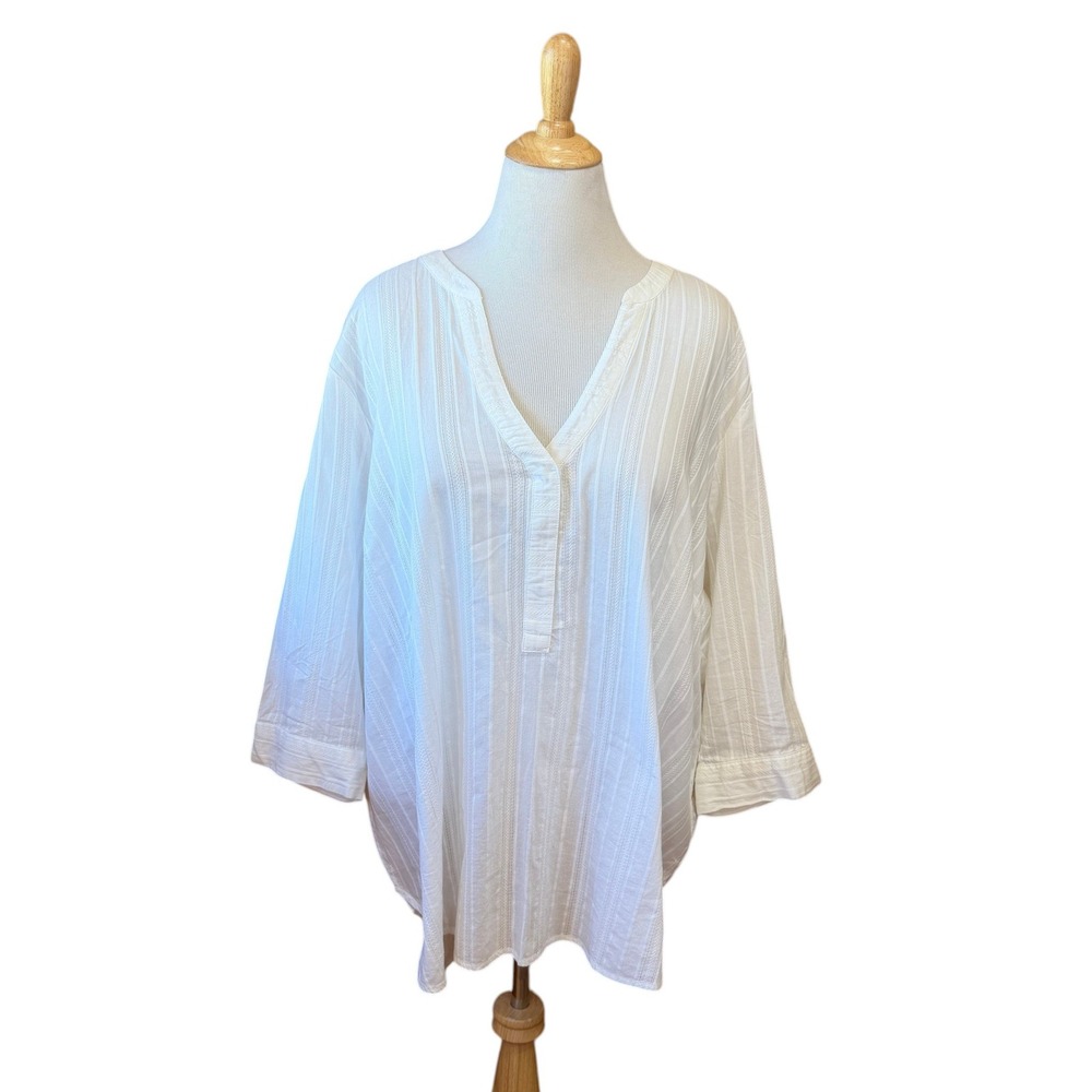 Diane Gilman White 100% Cotton Dobby Stripe V-Neck Tunic Top Plus Size 3X